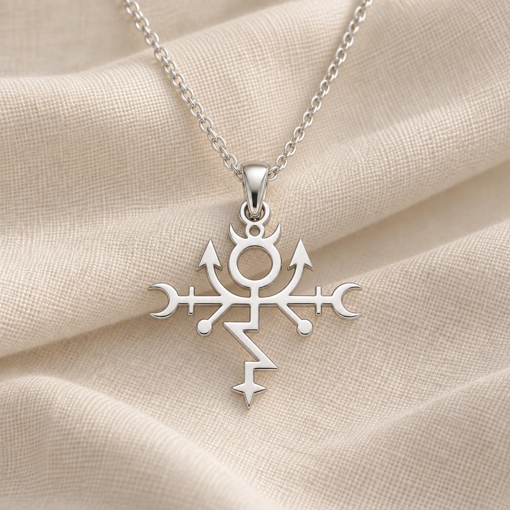 925 sterling silver protection sigil talisman pendant necklace on cream fabric