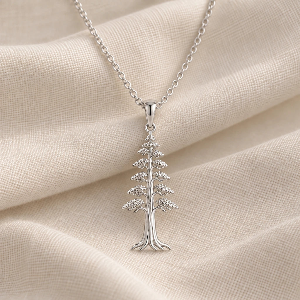925 sterling silver redwood spirit tree pendant necklace on cream fabric
