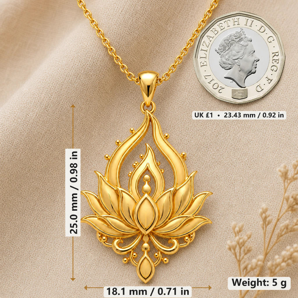 Lotus flame necklace size image showing 25 mm height, 18.1 mm width and 5 g weight beside a UK pound coin