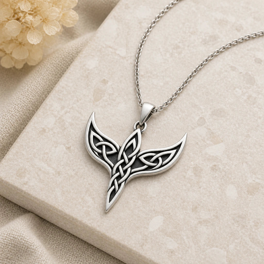 Close-up of silver celtic wing knot pendant showing the sculpted detail