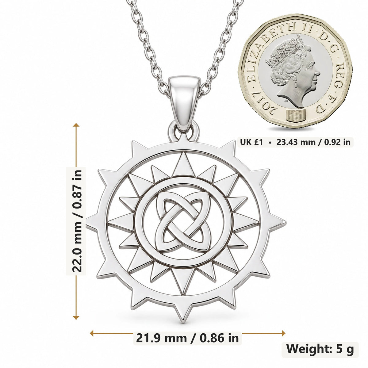 Triquetra Sun Knot pendant necklace size image showing 22.0 mm height, 21.9 mm width and 5 g weight