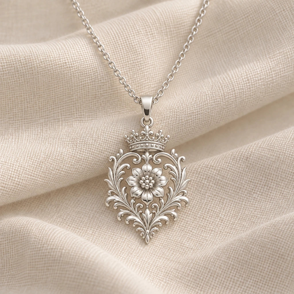 925 sterling silver golden dynasty bloom pendant necklace on cream fabric