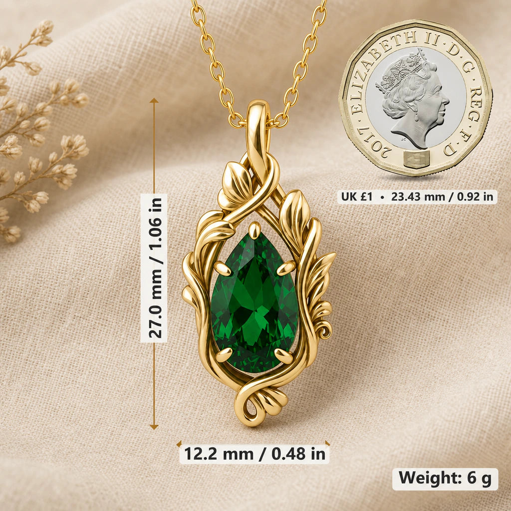 Twisting Vine Teardrop Birthstone Pendant Necklace size guide, 27 by 12.2 mm
