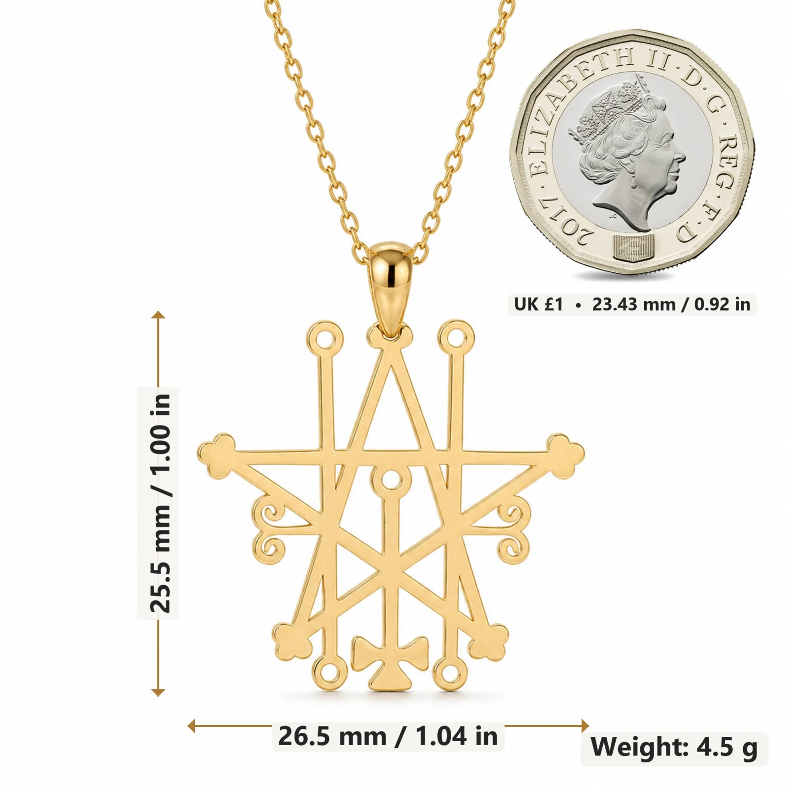 Astaroth Sigil pendant necklace size image showing 25.5 mm height and 26.5 mm width and 4.5 g weight