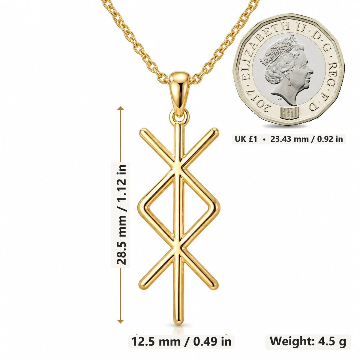 Viking Protection Bind Rune pendant necklace size image showing 28.5 mm height, 12.5 mm width and 4.5 g weight