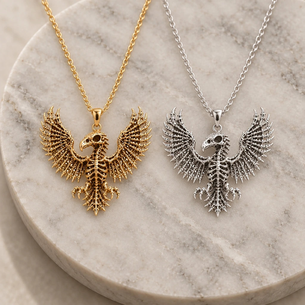 Sacred Eagle Skeleton pendant necklace in silver and gold finishes side by side