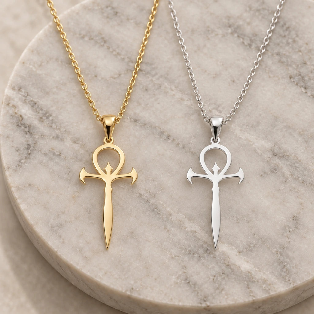 Gothic Ankh Dagger pendant necklace in silver and gold finishes side by side