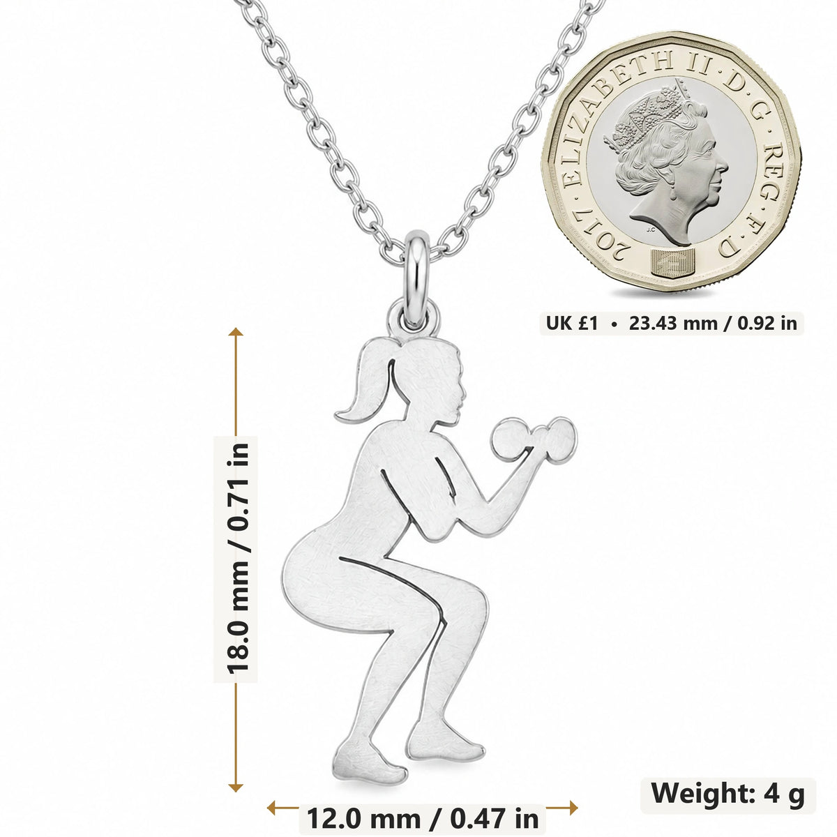 Fitness Squat Woman pendant necklace size image showing 18.0 mm height, 12.0 mm width and 4 g weight