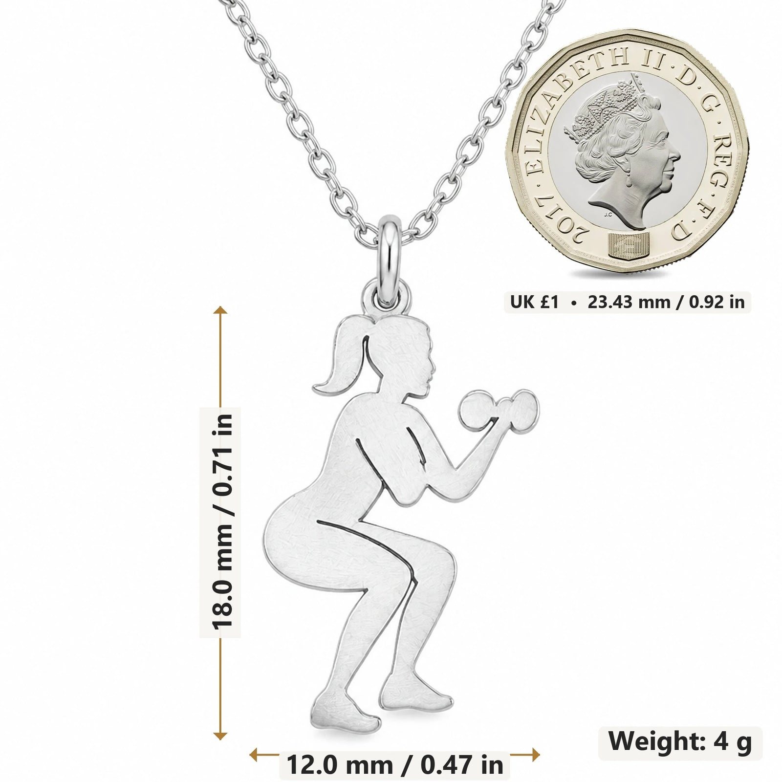 Fitness Squat Woman pendant necklace size image showing 18.0 mm height, 12.0 mm width and 4 g weight