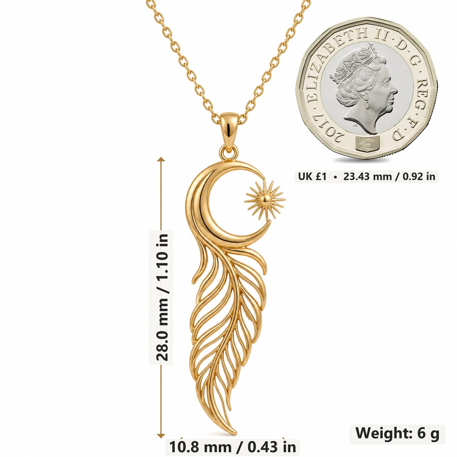 Eclipse Feather Moon pendant necklace size image showing 28.0 mm height, 10.8 mm width and 6 g weight