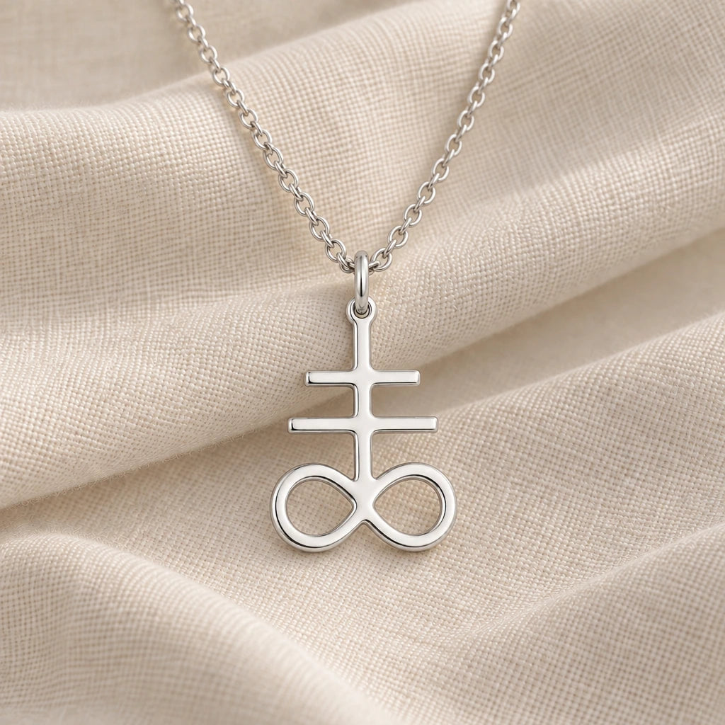 925 sterling silver leviathan cross infinity pendant necklace on cream fabric