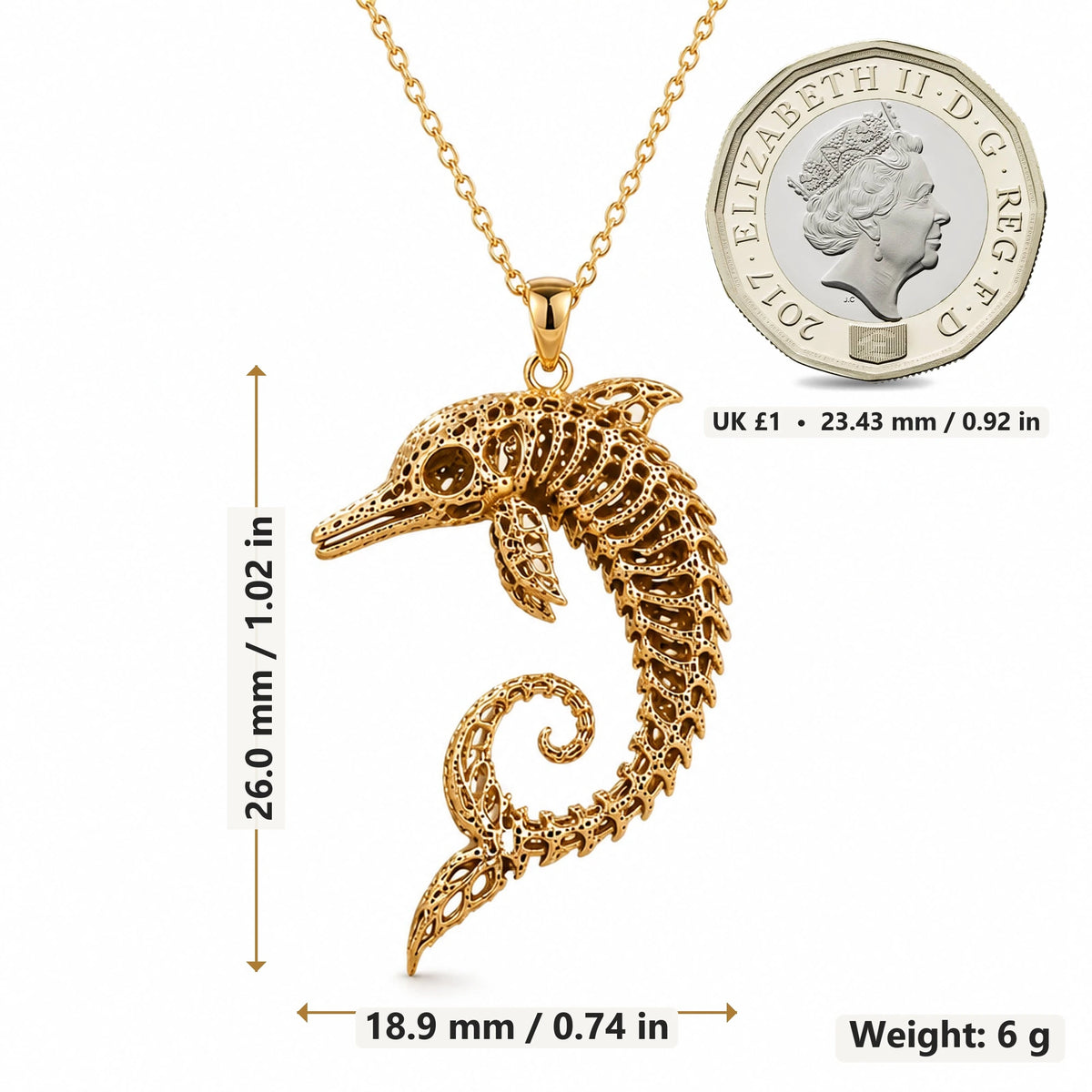 Ancient Dolphin Fossil Skeleton pendant necklace size image showing 26.0 mm height, 18.9 mm width and 6 g weight