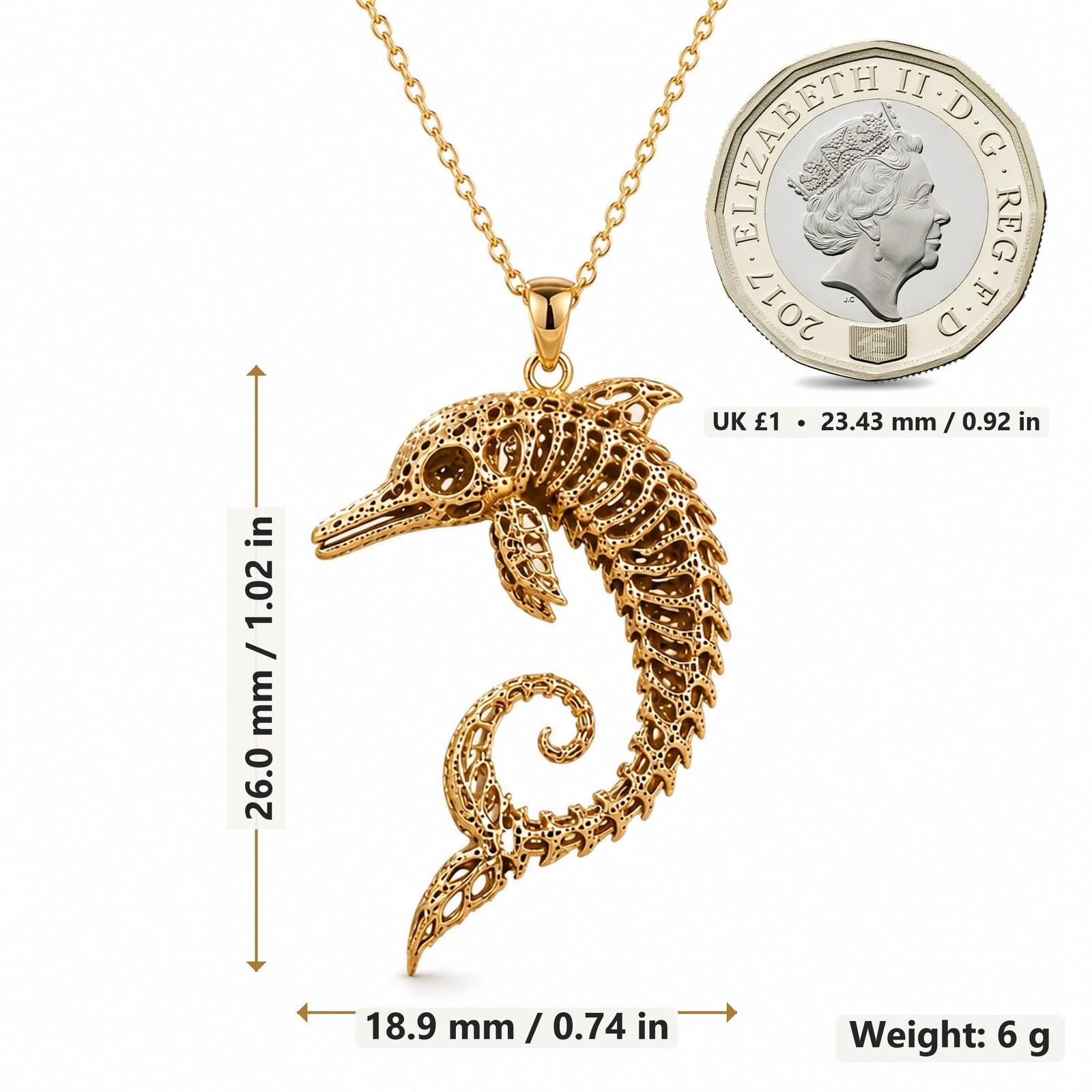 Ancient Dolphin Fossil Skeleton pendant necklace size image showing 26.0 mm height, 18.9 mm width and 6 g weight