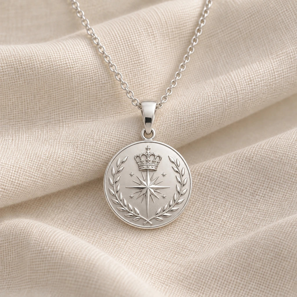 925 sterling silver crowned compass relic disc pendant necklace on cream fabric