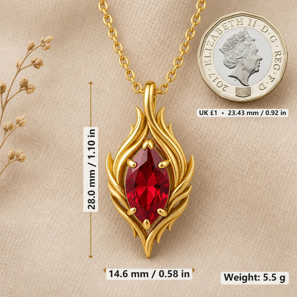 Flowing Flame Birthstone Pendant Necklace size guide, 28 by 14.6 mm