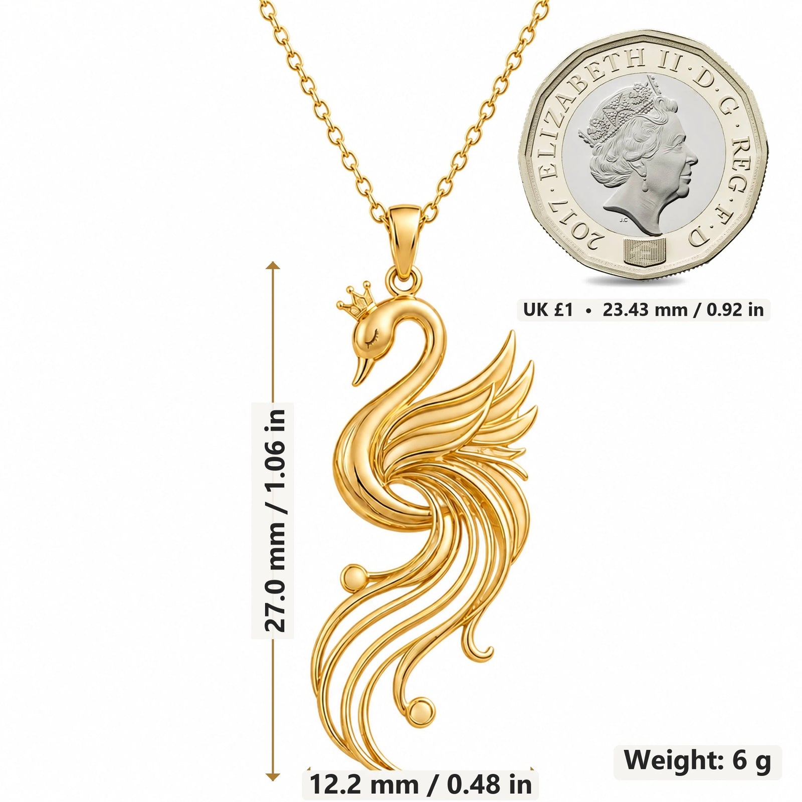 Aurora Swan pendant necklace size image showing 27.0 mm height, 12.2 mm width and 6 g weight