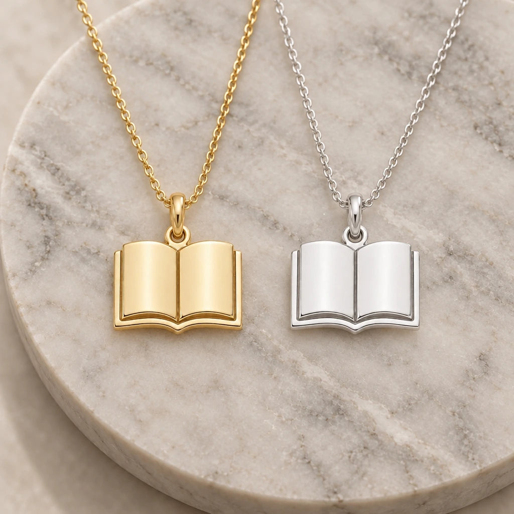Open Book Solid pendant necklace in silver and gold finishes side by side