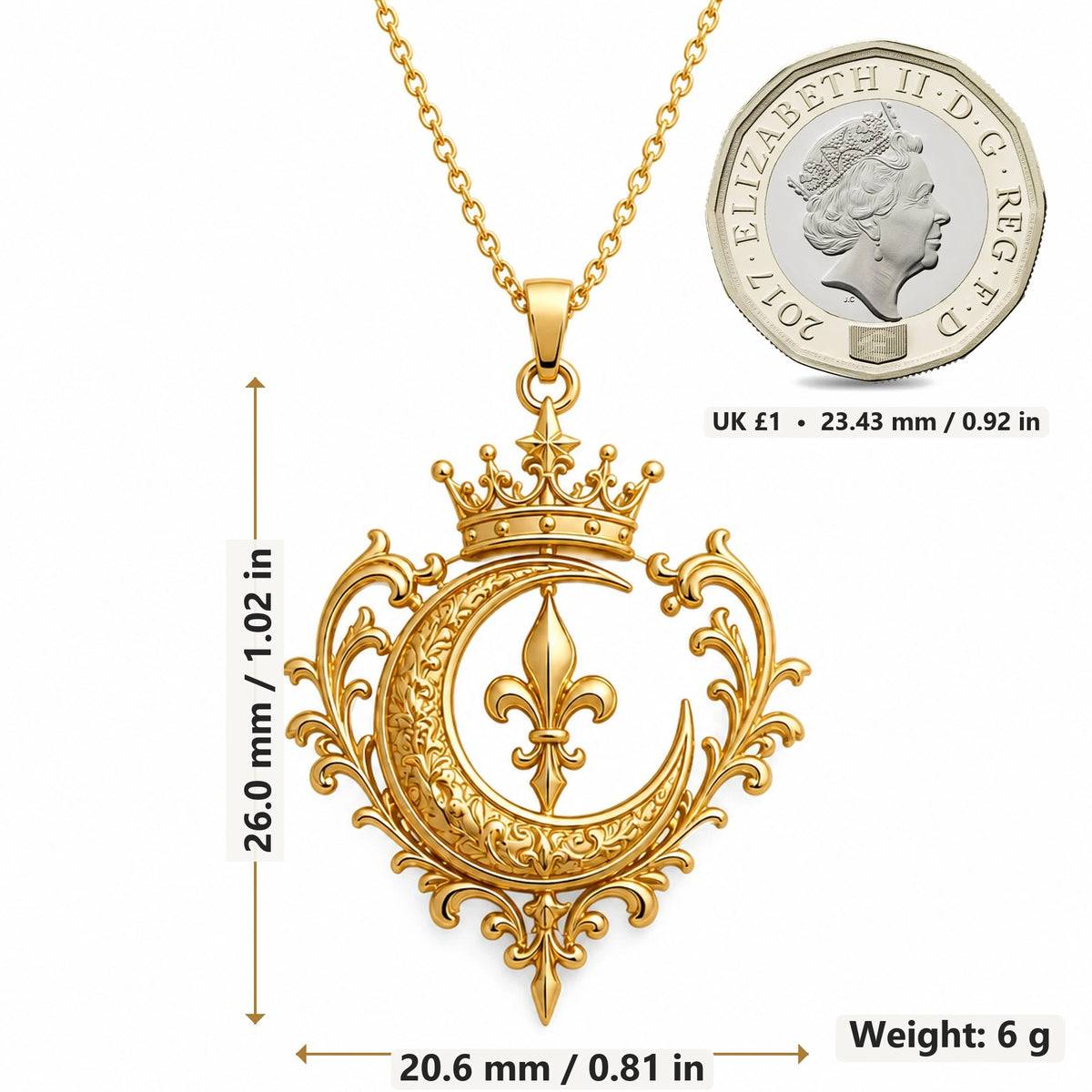 Regal Moon Crest pendant necklace size image showing 26.0 mm height, 20.6 mm width and 6 g weight