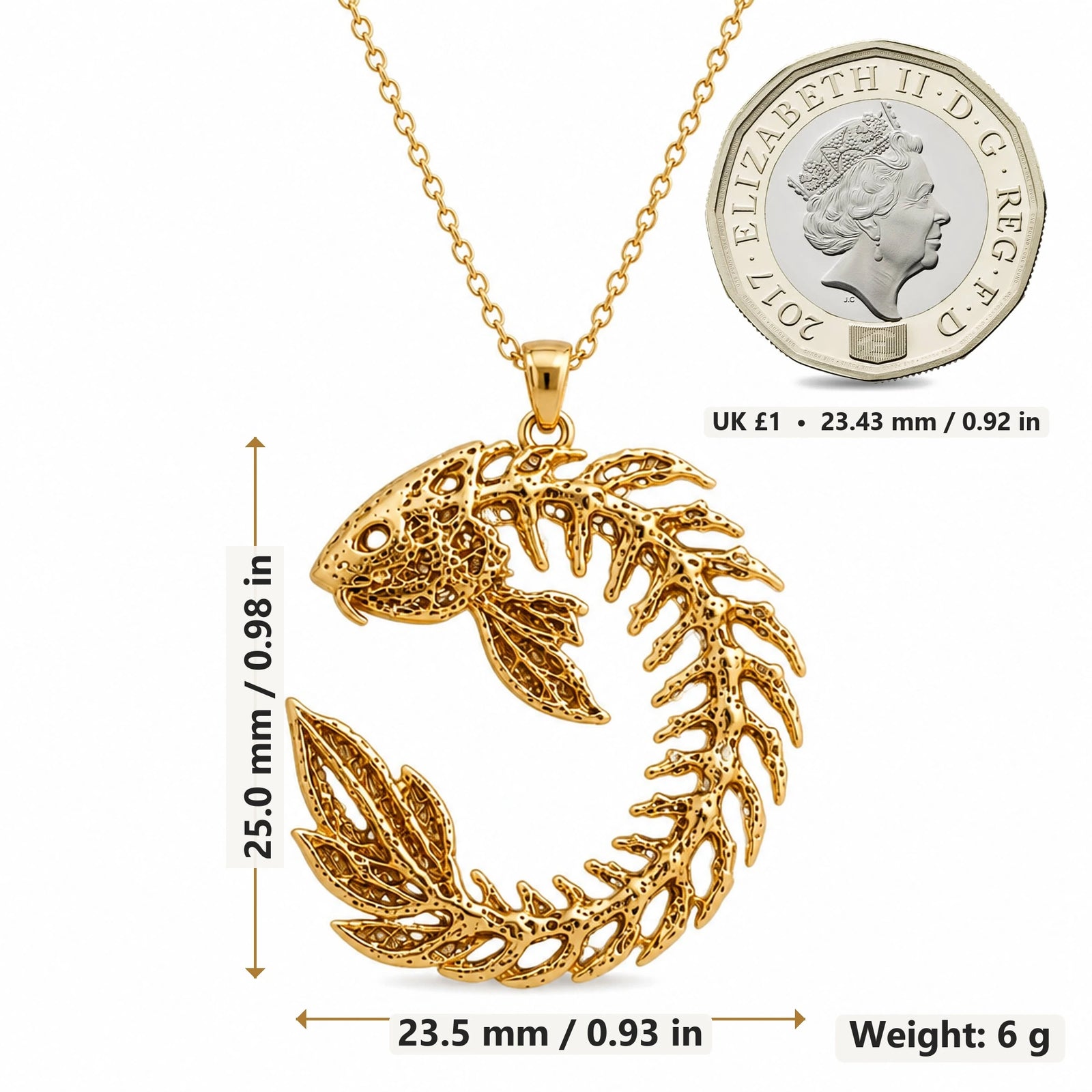 Sacred Koi Relic pendant necklace size image showing 25.0 mm height, 23.5 mm width and 6 g weight