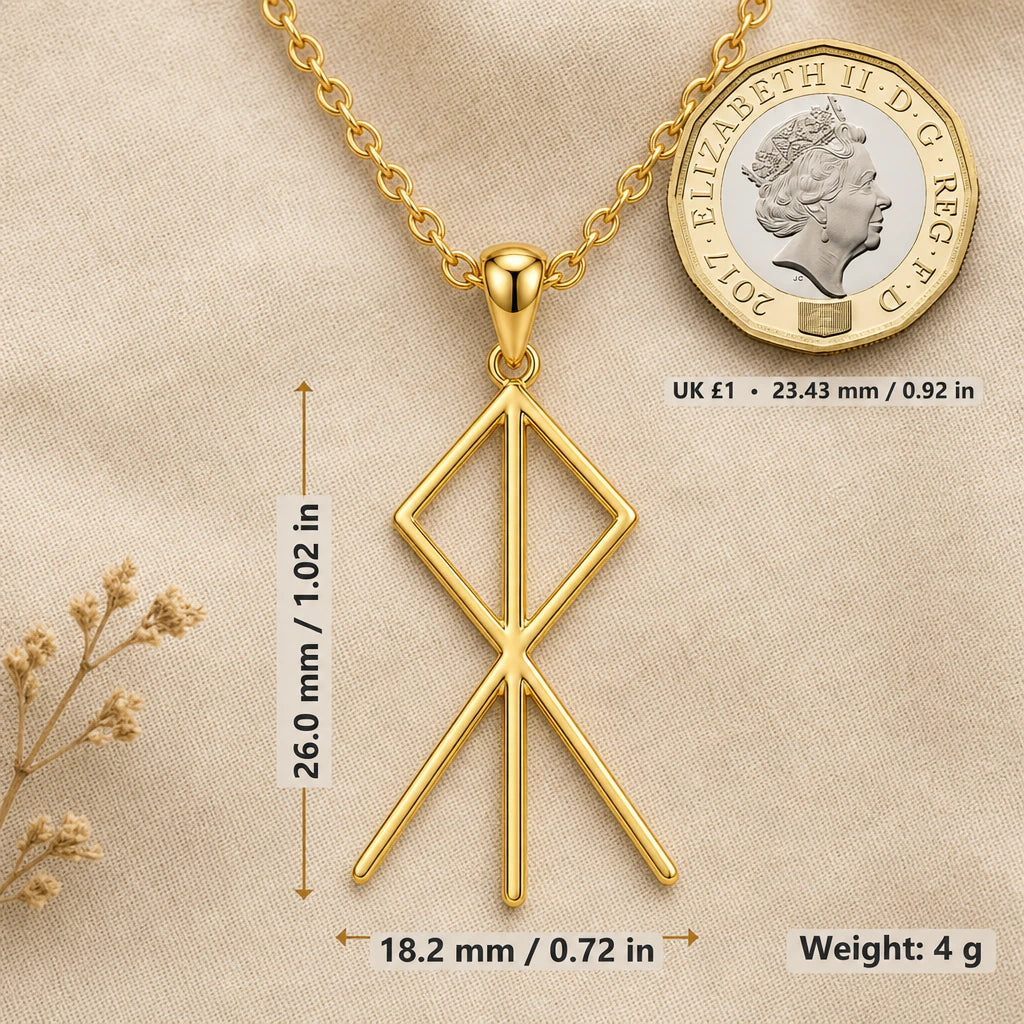 Viking Courage Bind Rune Pendant Necklace size guide, 26 by 18.2 mm