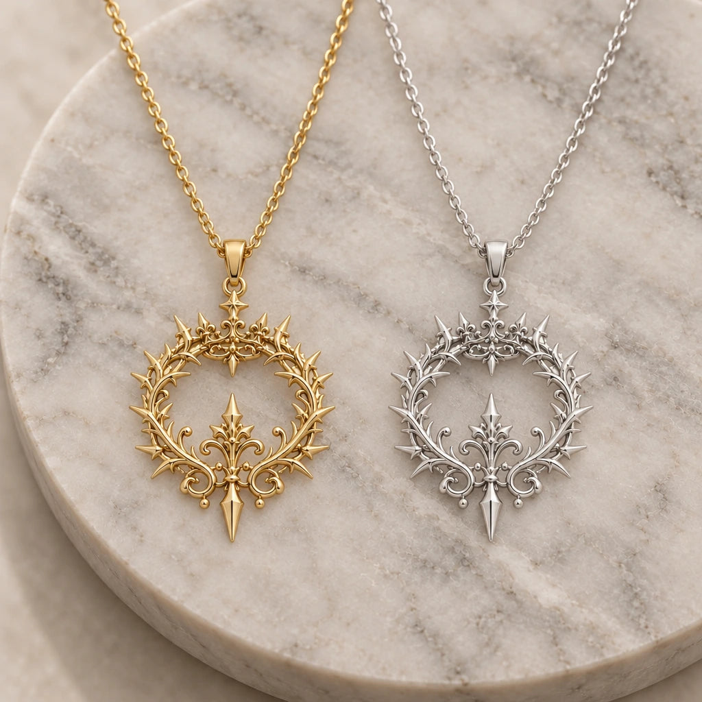Majestic Thorn Crown pendant necklace in silver and gold finishes side by side