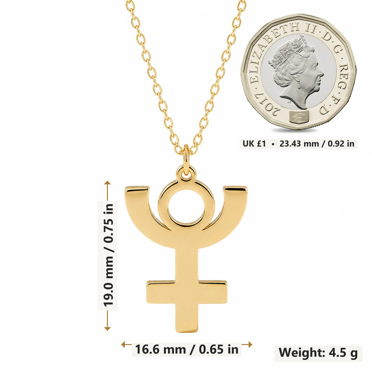 Pluto Symbol pendant necklace size image showing 19 mm height and 16.6 mm width and 4.5 g weight
