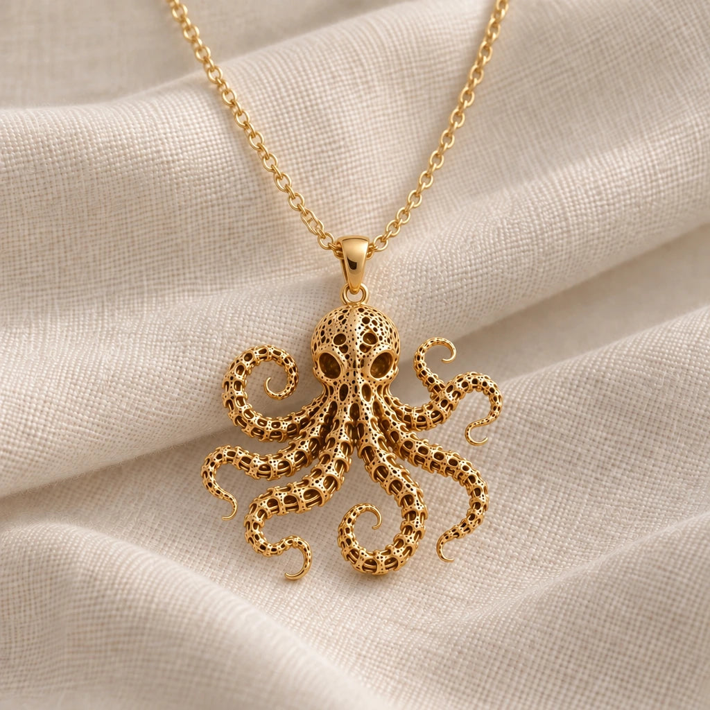 Fossil Octopus Spine pendant necklace in an 18k gold plated finish