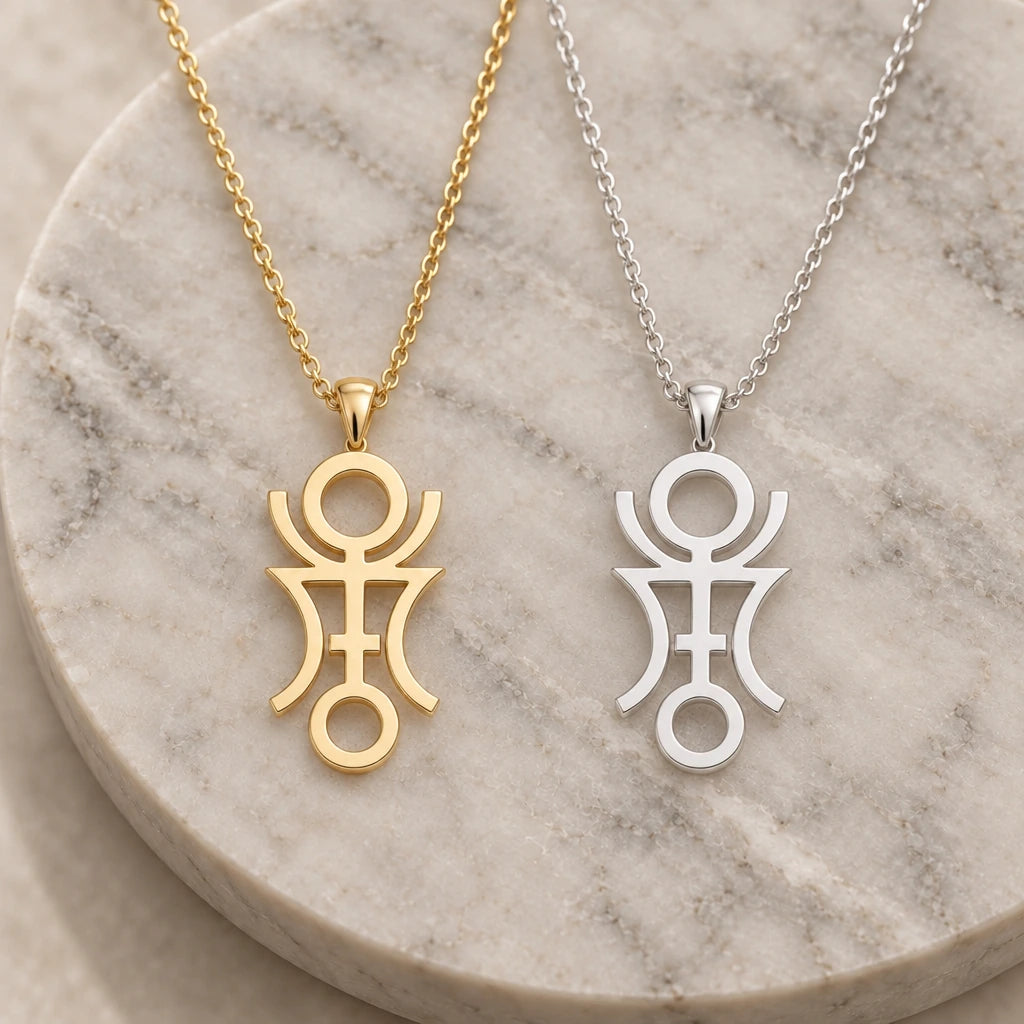 Phaethon Asteroid Symbol pendant necklace in silver and gold finishes side by side