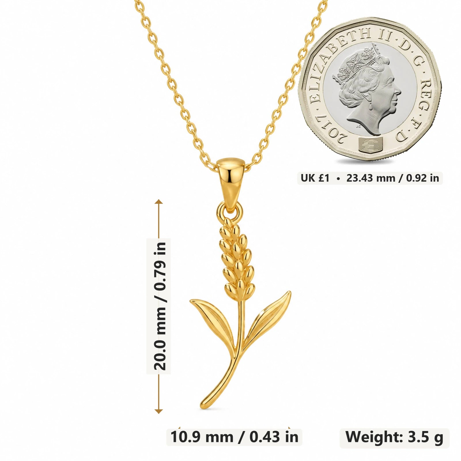 Lavender Flower pendant necklace size image showing 20 mm height and 10.9 mm width and 3.5 g weight