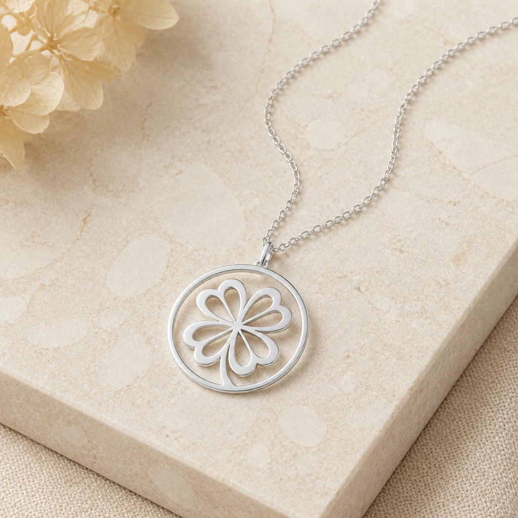Close-up of silver four leaf clover pendant showing the sculpted detail