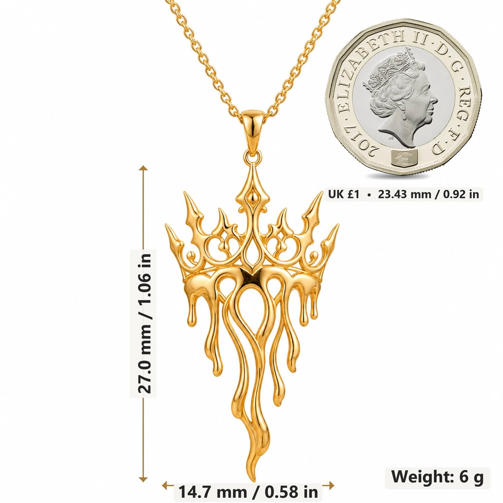 Crown Drift Melting Crown pendant necklace size image showing 27.0 mm height, 14.7 mm width and 6 g weight