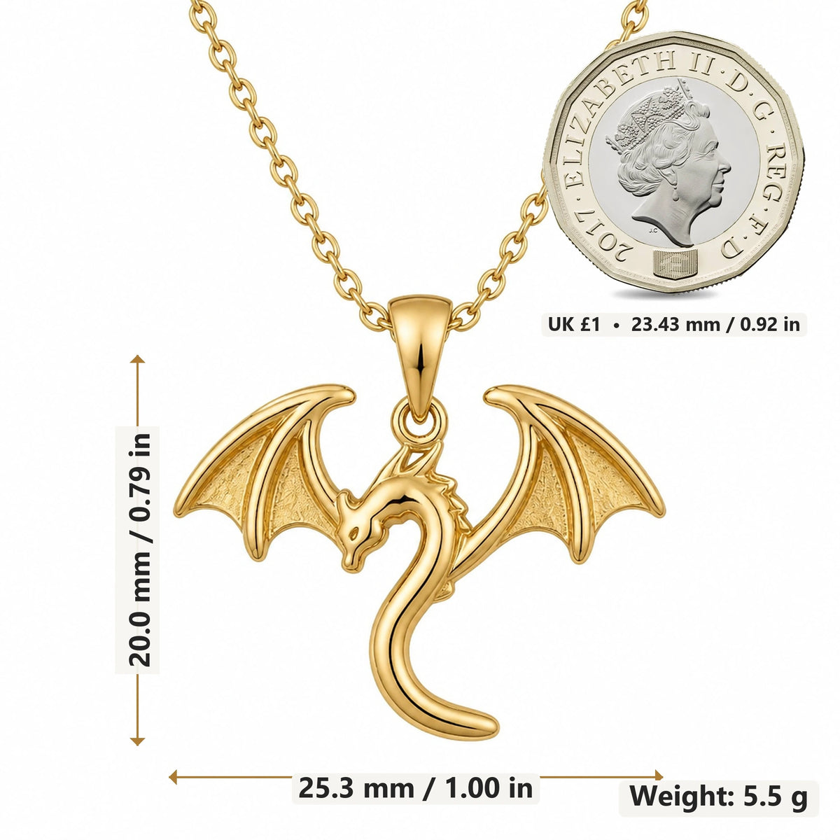 Tiny Flying Dragon pendant necklace size image showing 20.0 mm height, 25.3 mm width and 5.5 g weight