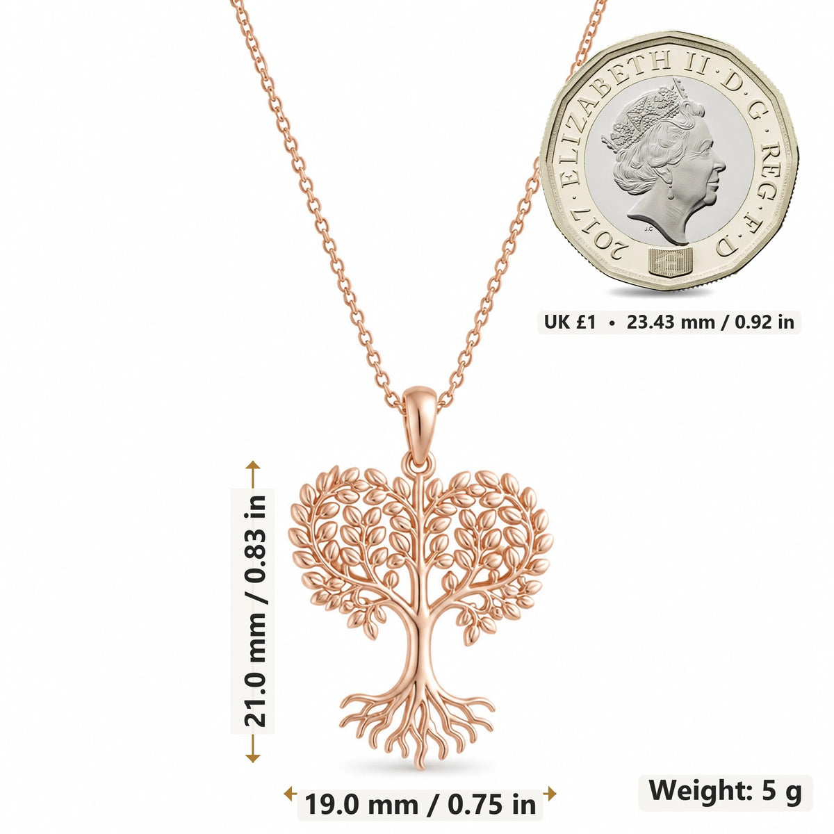 Acacia Heart Tree of Life pendant necklace size image showing 21.0 mm height, 19.0 mm width and 5 g weight