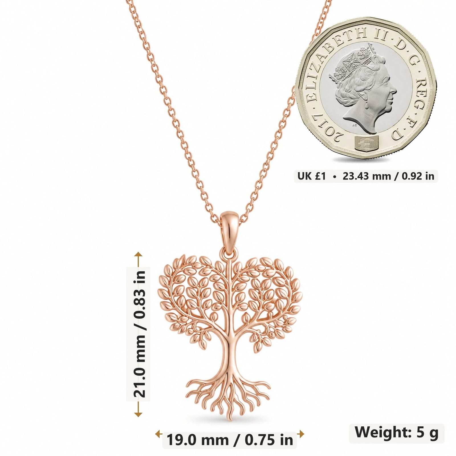 Acacia Heart Tree of Life pendant necklace size image showing 21.0 mm height, 19.0 mm width and 5 g weight