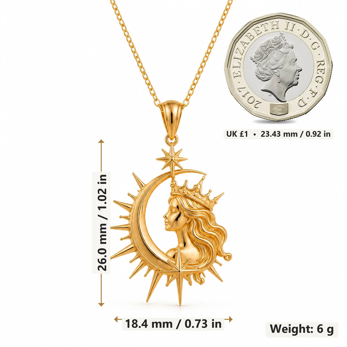 Cosmic Queen Moon pendant necklace size image showing 26.0 mm height, 18.4 mm width and 6 g weight