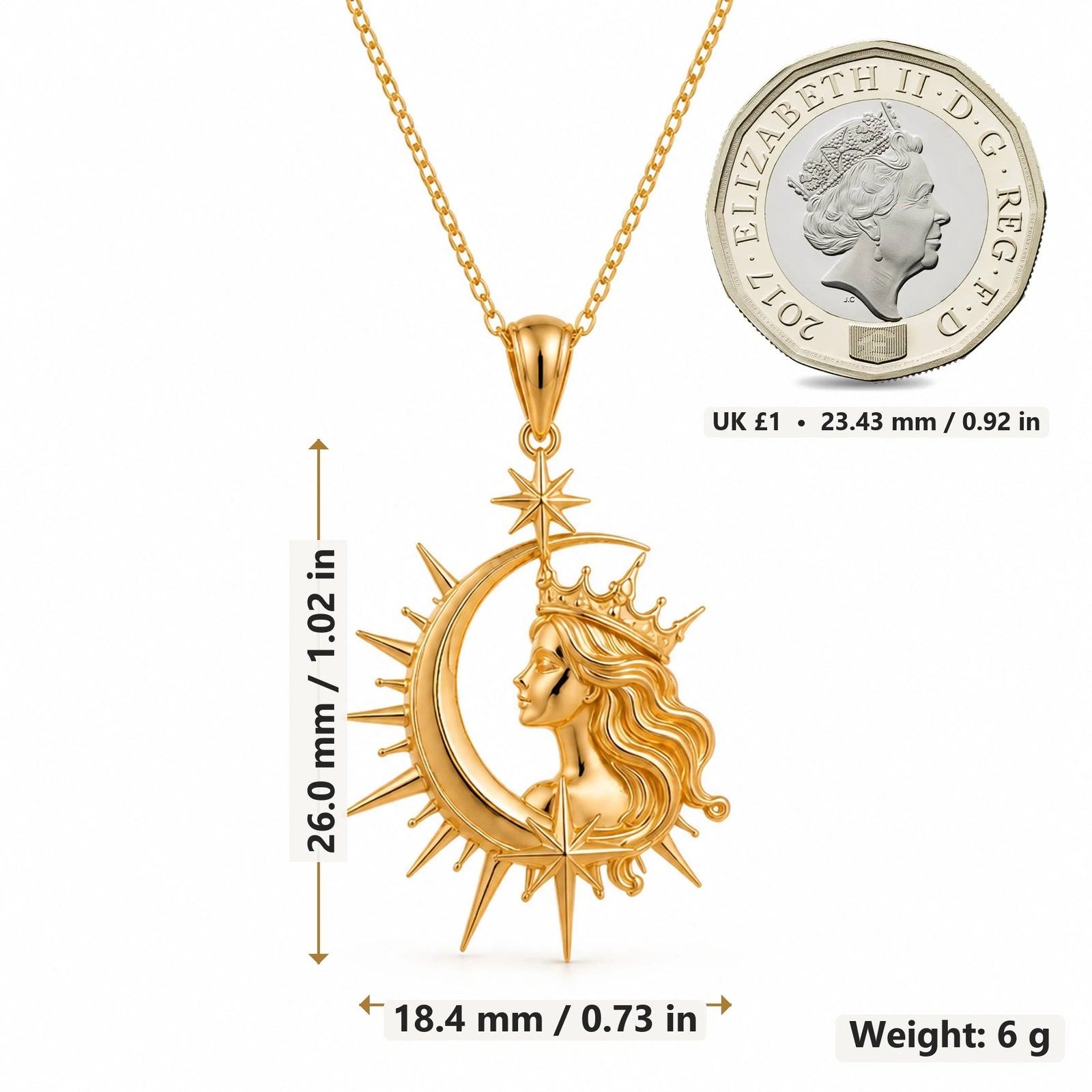 Cosmic Queen Moon pendant necklace size image showing 26.0 mm height, 18.4 mm width and 6 g weight