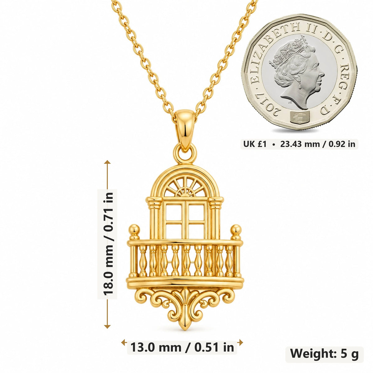 Royal Balcony pendant necklace size image showing 18.0 mm height, 13.0 mm width and 5 g weight