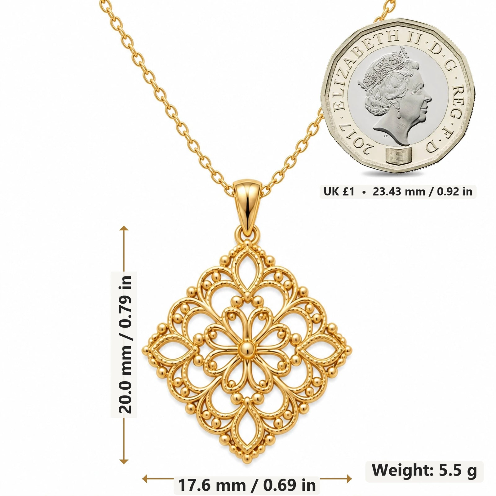 Lace Filigree pendant necklace size image showing 20.0 mm height, 17.6 mm width and 5.5 g weight