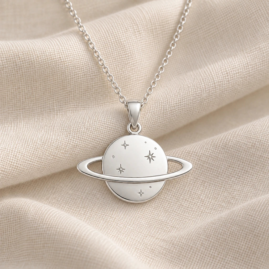 925 sterling silver saturn ring planet pendant necklace on cream fabric