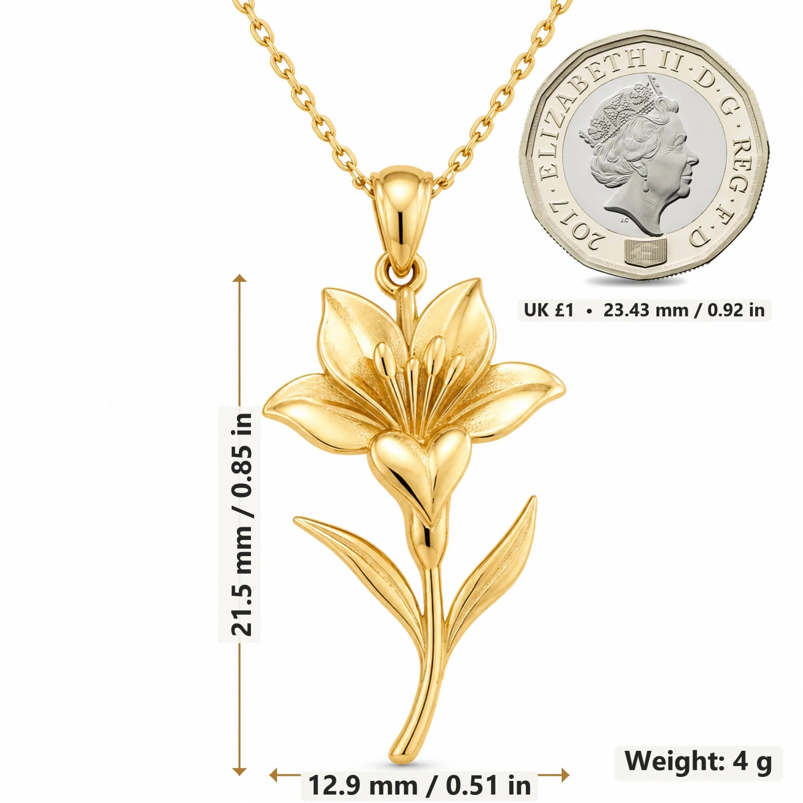 Saffron Crocus Flower pendant necklace size image showing 21.5 mm height and 12.9 mm width and 4 g weight