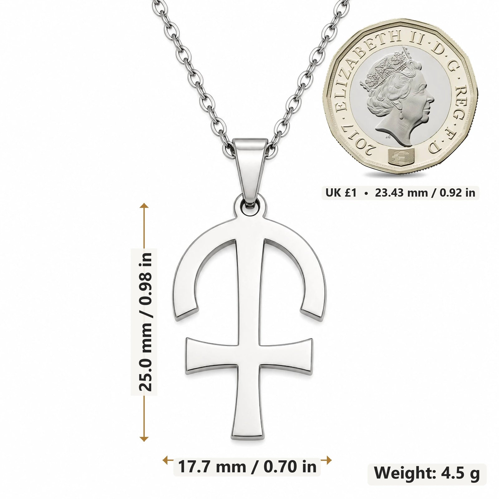 Kronos Asteroid Symbol pendant necklace size image showing 25.0 mm height, 17.7 mm width and 4.5 g weight