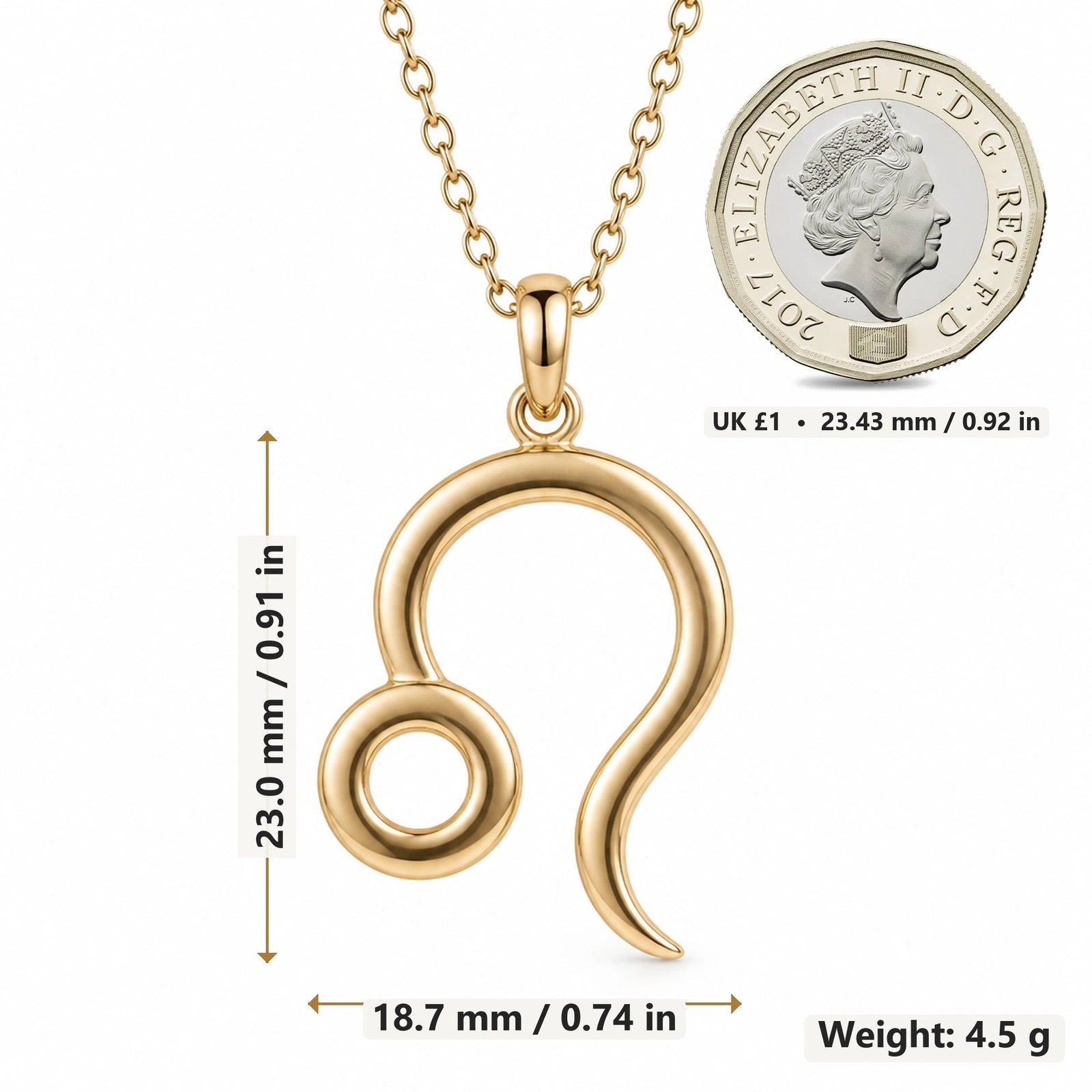 Leo Zodiac Glyph pendant necklace size image showing 23.0 mm height, 18.7 mm width and 4.5 g weight