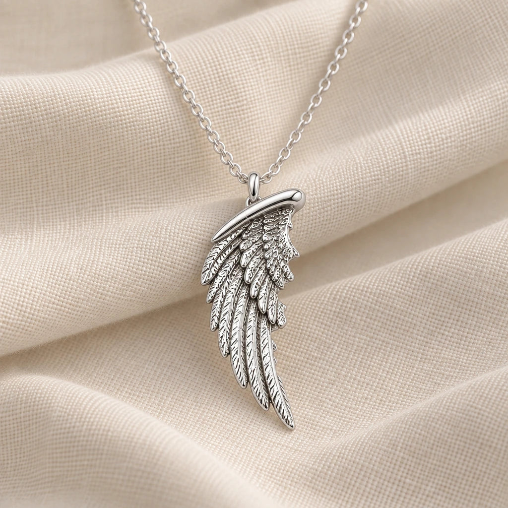 925 sterling silver feathered wing pendant necklace on cream fabric