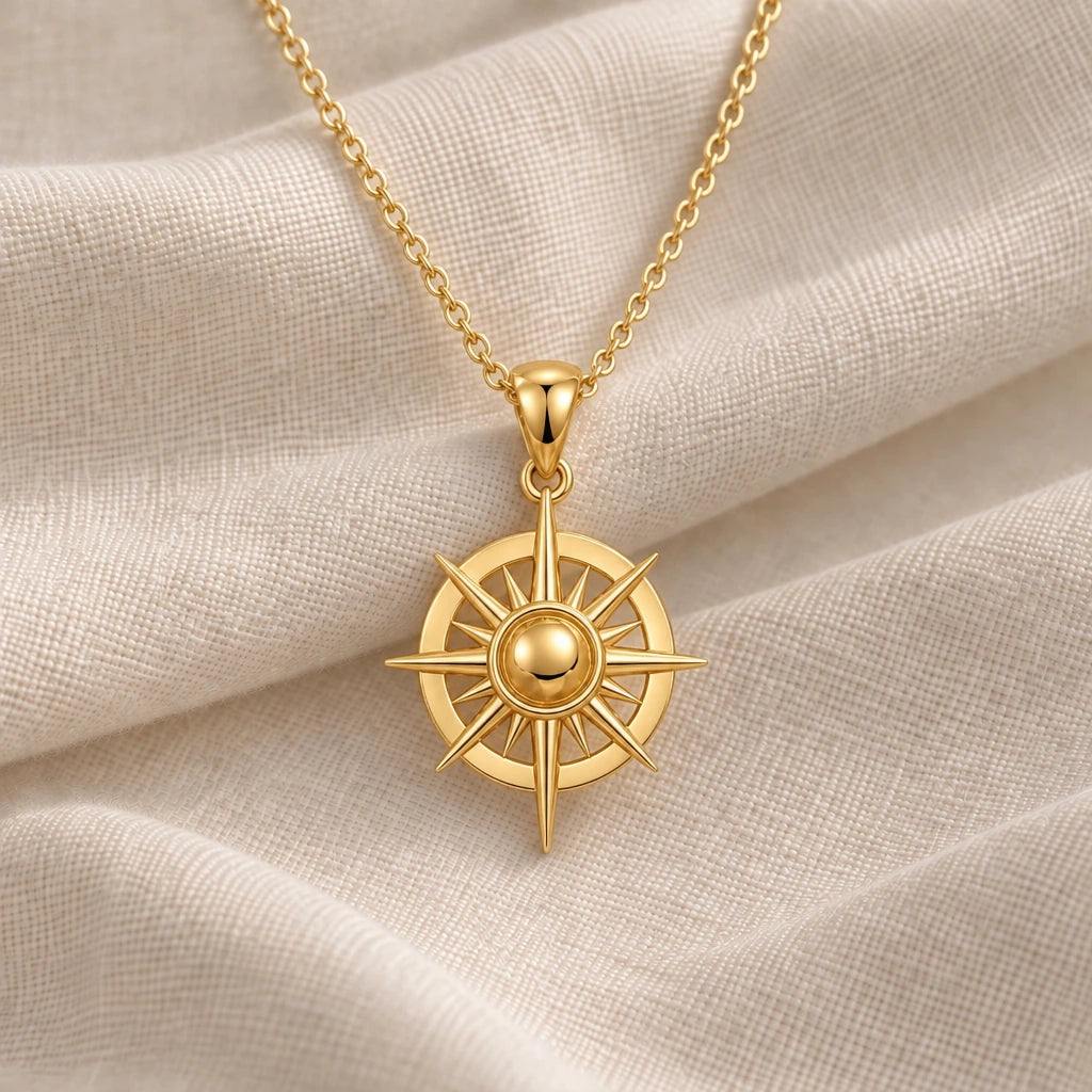 Solar Halo Compass pendant necklace in an 18k gold plated finish