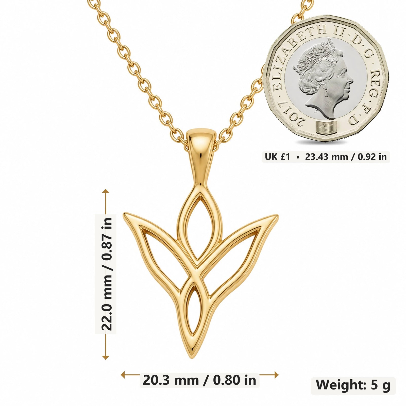 Elven Knot Leaf pendant necklace size image showing 22.0 mm height, 20.3 mm width and 5 g weight