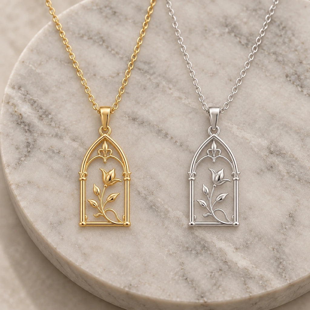Royal Arch Bloom pendant necklace in silver and gold finishes side by side