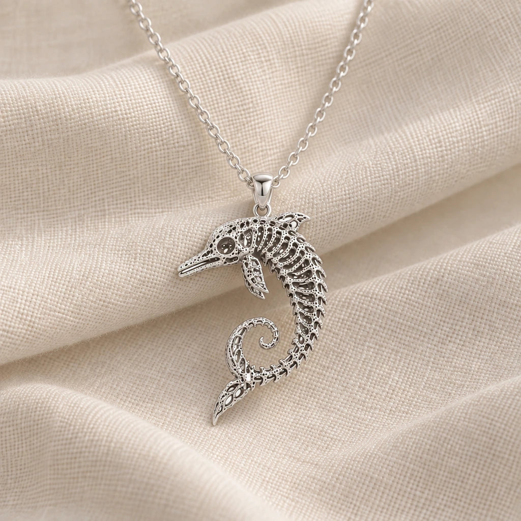 925 sterling silver ancient dolphin fossil skeleton pendant necklace on cream fabric