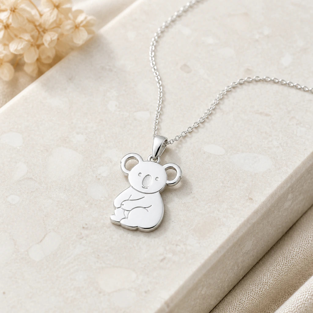 Close-up of silver koala pendant showing the sculpted detail