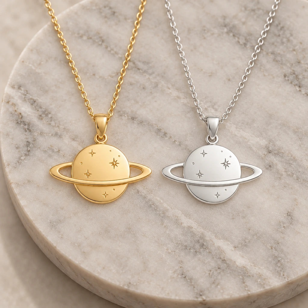 Saturn Ring Planet pendant necklace in silver and gold finishes side by side