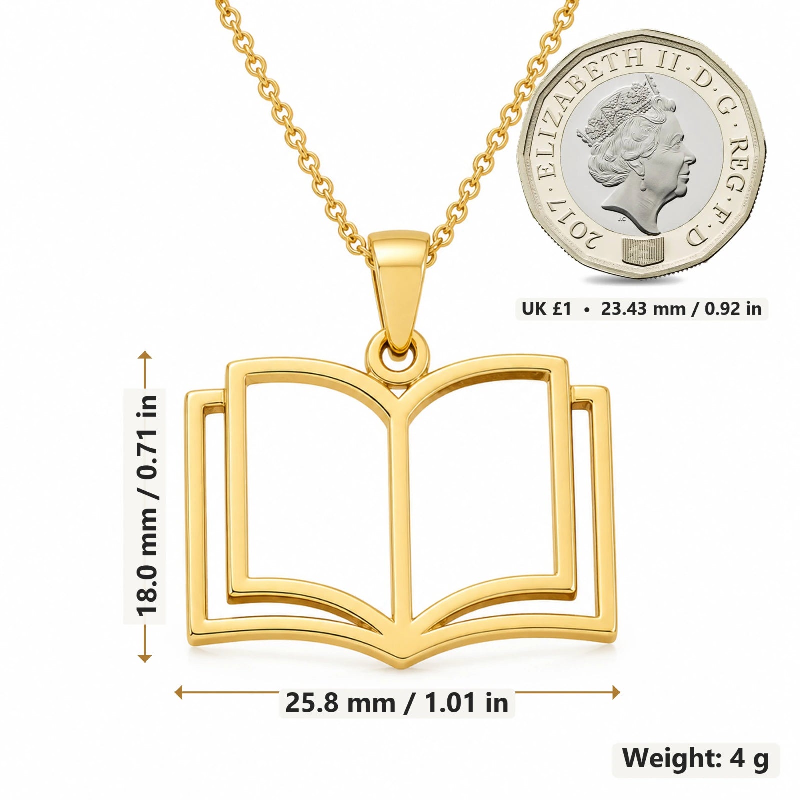 Open Book pendant necklace size image showing 18 mm height and 25.8 mm width and 4 g weight